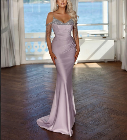 Elegant Lavender Long Evening Dress Spaghetti Strap With Pleated Sequins Tassel Sexy Wholesale