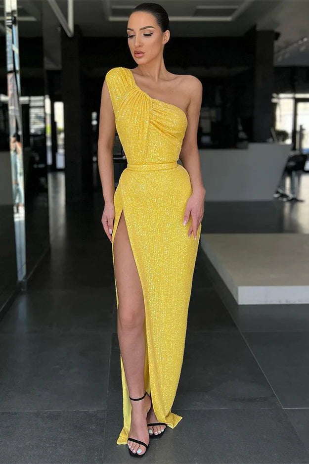 Yellow One Shoulder Mermaid Evening Dress With Sequins And Split Sparkly Party Dress