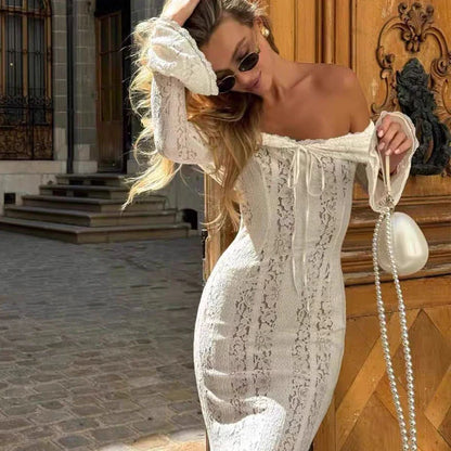 Aimishang Elegant Mermaid Off Shoulder Lace Maxi Dress with Sleeves Long Prom Dress Charming Evening Party Dress Wedding Dress