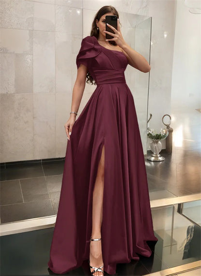 One Shoulder A Line Satin Bridesmaid Dress With Ruffle Short Sleeves Sweep Train Elegant Evening Dress