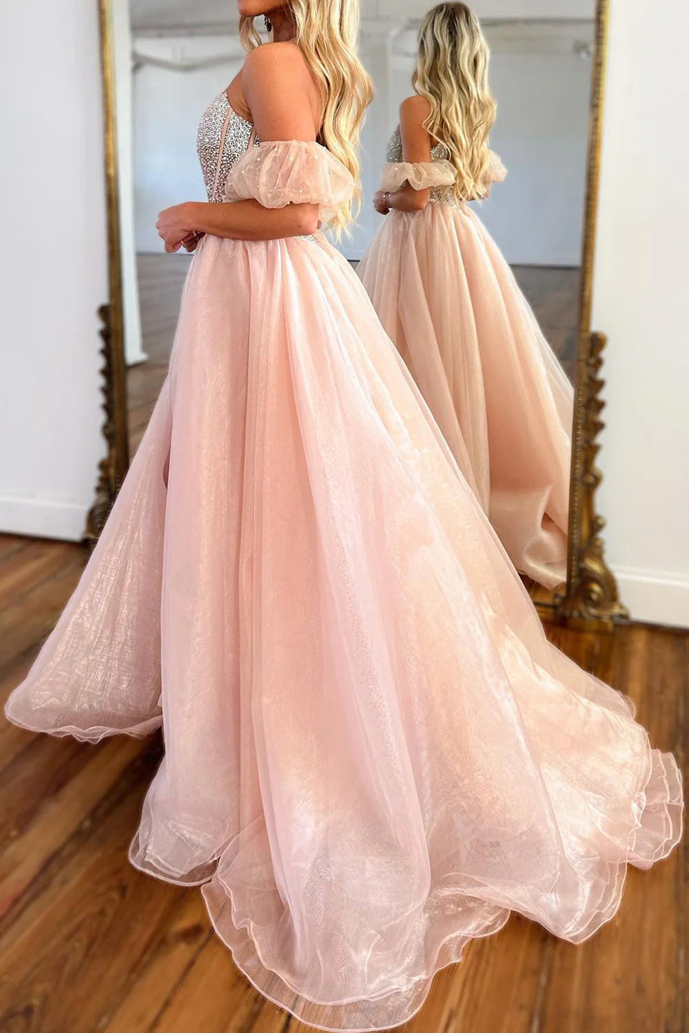Aimishang Charming A-Line Strapless Corset Beaded Long Prom Dress Off Shoulder With Slit