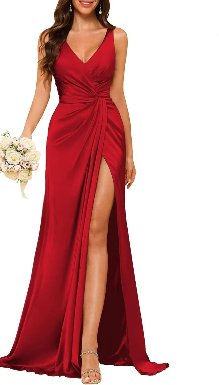 Wholesale Sheath/Column V Neck Bridesmaid Dress With Slit Elegant Evening Party Dress