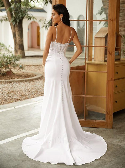 Aimishang Elegant Sheath/Column V-neck Sleeveless Sweep/Brush Train Wedding Dresses Charming Long Evening Dress With Slit