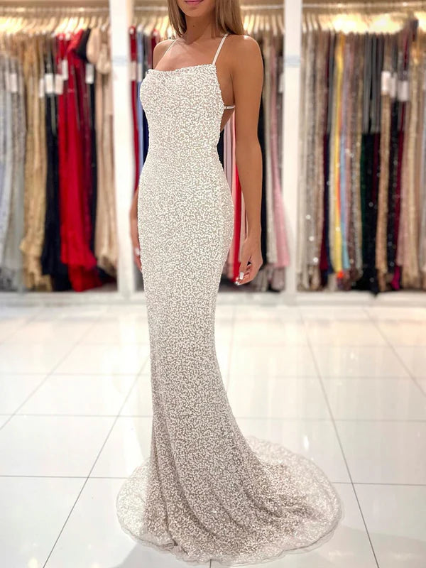 Spaghetti Straps Pearl White Prom Dresses Sparkly Sheath Formal Dress Evening Dress Wholesale