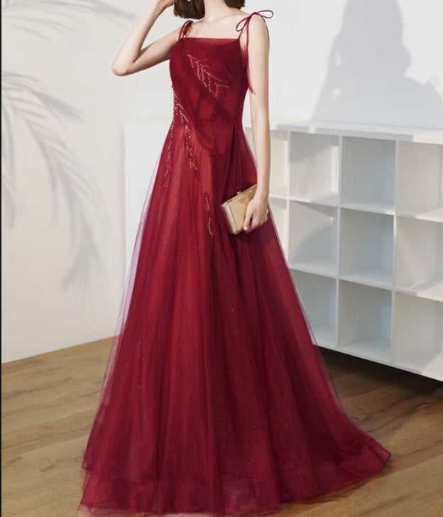 Wine Red Scoop Beaded A-line Long Junior Prom Dress Lace-up Party Dress Elegant Evening Dress