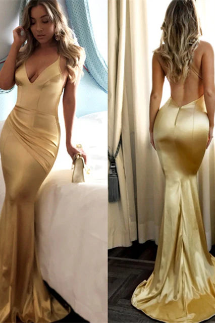 Daffodil V Neck Sleeveless Long Mermaid Evening Dress Sexy Party Dress Formal Dress Solid Color