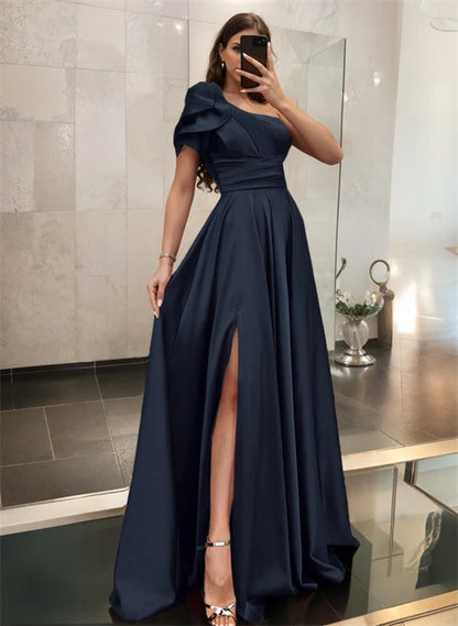 One Shoulder A Line Satin Bridesmaid Dress With Ruffle Short Sleeves Sweep Train Elegant Evening Dress