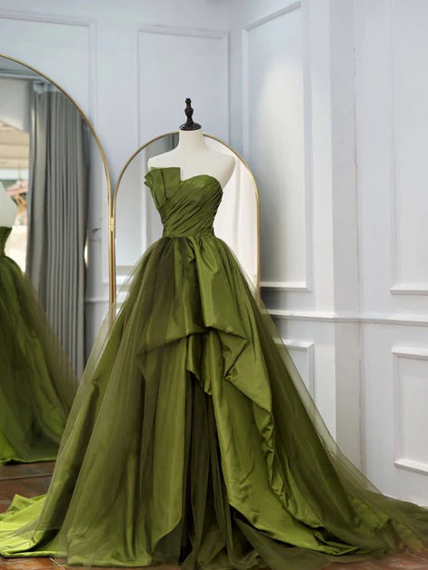 Green Ruffle Tiered Prom Dresses Strapless Long Party Dress Off Shoulder Elegant Evening Dress