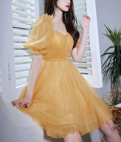 Aimishang Yellow Short Sleeves Tulle Prom Dress Homecoming Dress Off Shoulder Formal Dress Wholesale