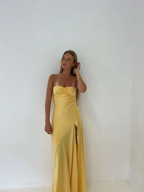 Aimishang Yellow Spaghetti Straps Long Prom Dress With Slit Charming Evening Party Dress