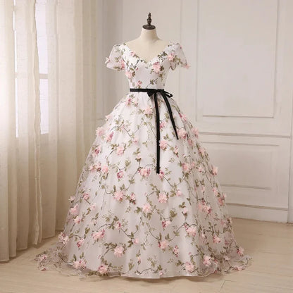 Beautiful Flowers Ball Gown Long Party Dress Short Sleeves Prom Dress A Line Formal Dress Wholesale