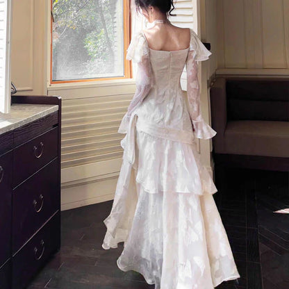 Aimishang Romantic Vintage-Inspired Long Sleeves Tiered Long Prom Dress Charming Evening Party Dress