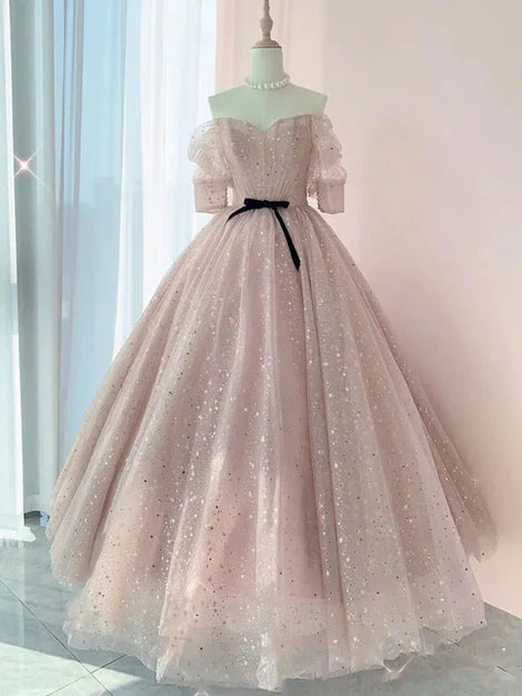 Pink Sweetheart-Neck Tulle Lace Half-Sleeve Prom Dresses Party Dress Off Shoulder Sparkly Wholesale