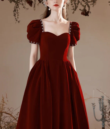 Wine Red Short Sleeves Velvet Sweetheart Party Dress Velvet Long Formal Dress Elegant Evening Dress