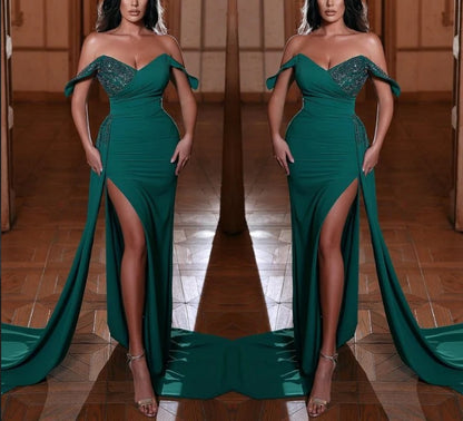 Emerald Off The Shoulder Mermaid Evening Dress With V Neck And Ruffles Split Sexy december wedding guest dress