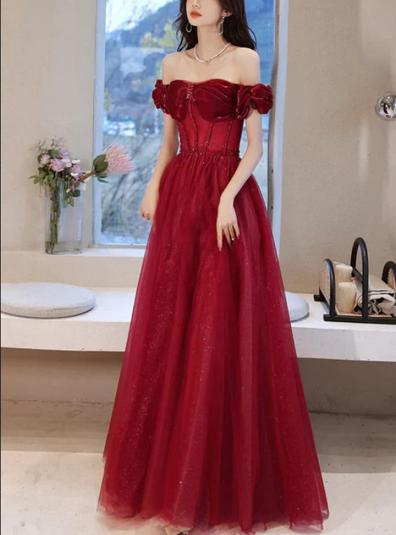 Wine Red Off Shoulder Beaded Sweetheart Long Party Dress A-line Prom Dress Elegant Evening Dress