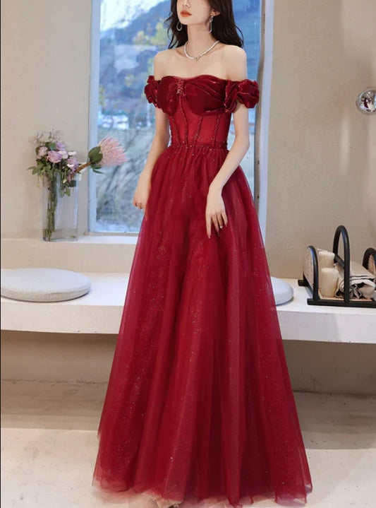 Wine Red Off Shoulder Beaded Sweetheart Long Party Dress A-line Prom Dress Elegant Evening Dress