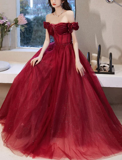 Wine Red Off Shoulder Beaded Sweetheart Long Party Dress A-line Prom Dress Elegant Evening Dress