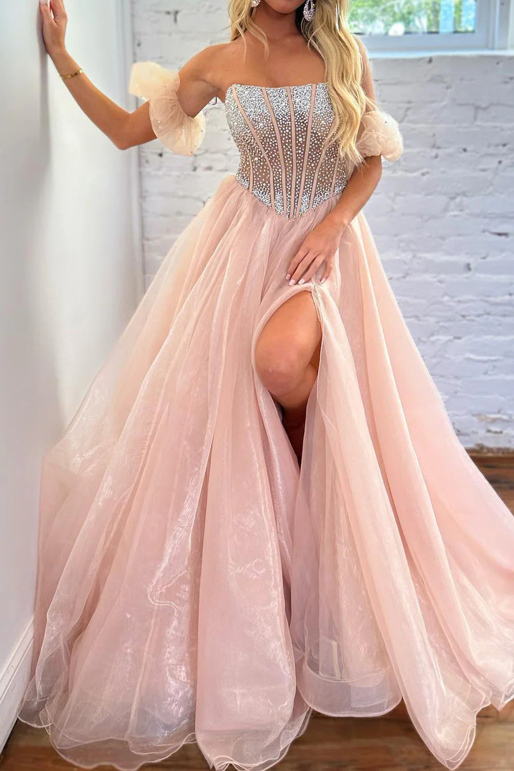 Aimishang Charming A-Line Strapless Corset Beaded Long Prom Dress Off Shoulder With Slit