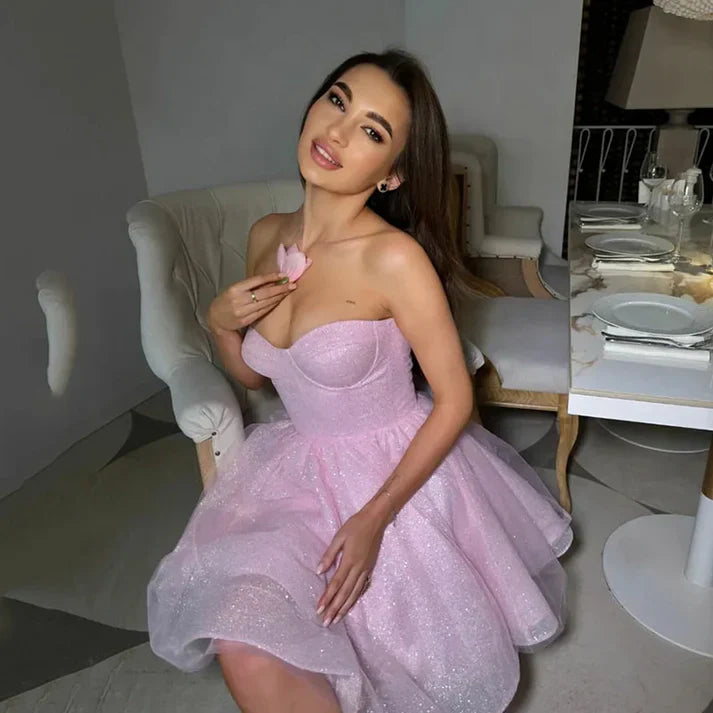 Shiny Pink Short Party Dress Sweetheart A-Line Homecoming Dress Off Shoulder Party Dress Wholesale