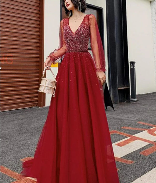 Wine Red Long Sleeves Beaded Low Back Tulle Prom Dress Formal Dress Evening Dress Wholesale