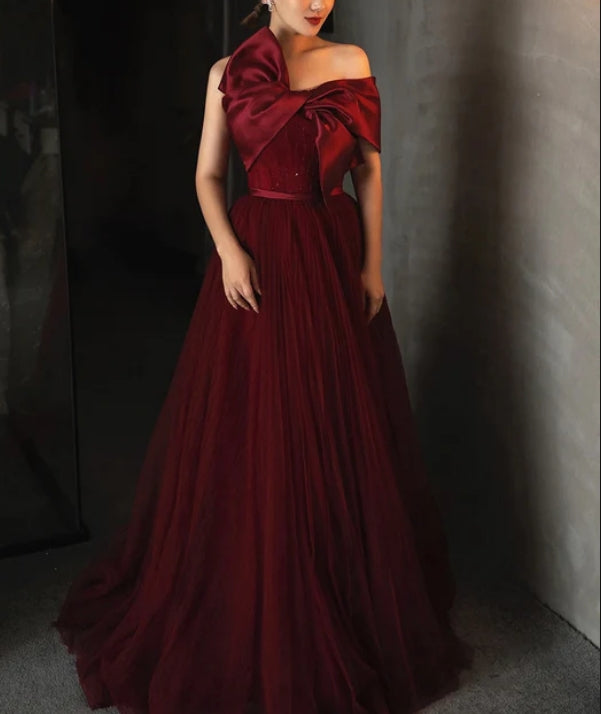 Wine Red Satin and Tulle A-line Simple Prom Dress Floor Length Party Dress Elegant Evening Dress