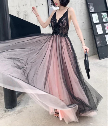 Pink and Black Stylish Tulle with Lace Long Formal Dresses A-line Tulle Evening Dress Wholesale