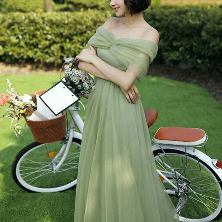 Green Off Shoulder Tulle Long Party Dress Bridesmaid Dresses A Line Evening Dress Wholesale