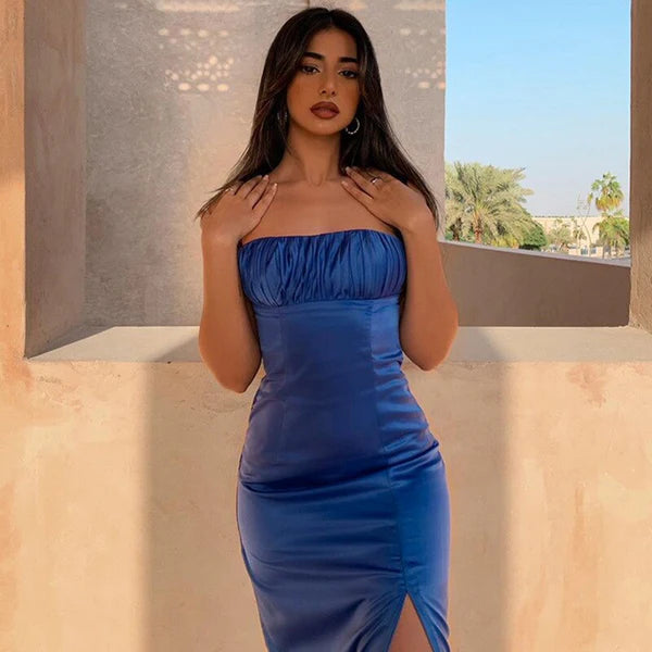 Wholesale Blue Spaghetti Straps Sexy Mermaid Long Prom Dress Charming Party Dress With Slit