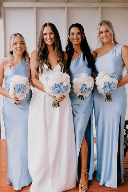 Aimishang One Shoulder Light Blue Sheath Long Bridesmaid Dress Charming Evening Party Dress With Slit