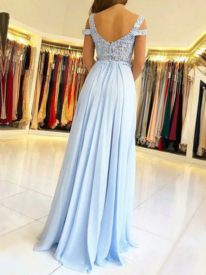 Beautiful Chiffon Light Blue with Lace Long Formal Dress Chiffon Prom Dresses Elegant Evening Dress With Slit Wholesale