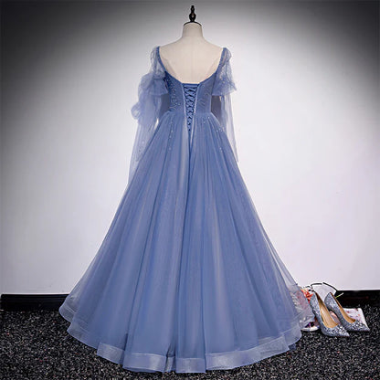 Beautiful Blue Tulle Beaded Long Formal Dress A-line Wedding Party Dress Prom Dress With Sleeves Wholesale