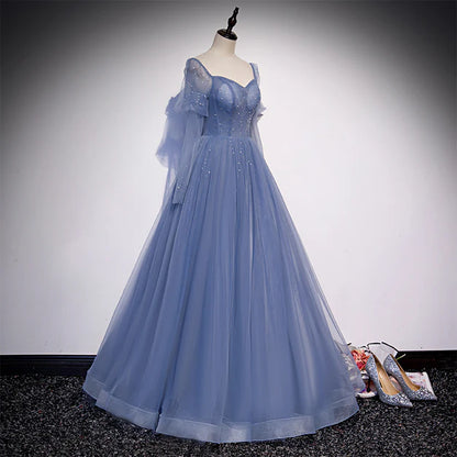 Beautiful Blue Tulle Beaded Long Formal Dress A-line Wedding Party Dress Prom Dress With Sleeves Wholesale