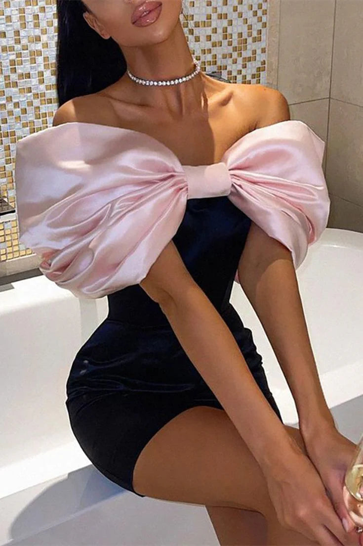 Aimishang Cute Off Shoulder Satin Bow Short Prom Dress Lovely Homecoming Dress Charming Birthday Party Dress