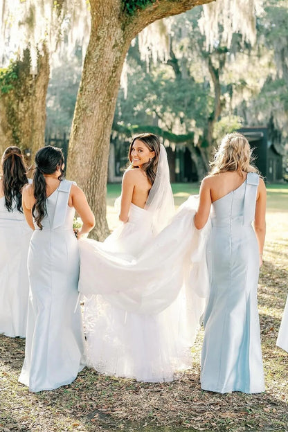 Aimishang Bow One Shoulder Light Blue Satin Long Bridesmaid Dress Elegant Evening Party Dress