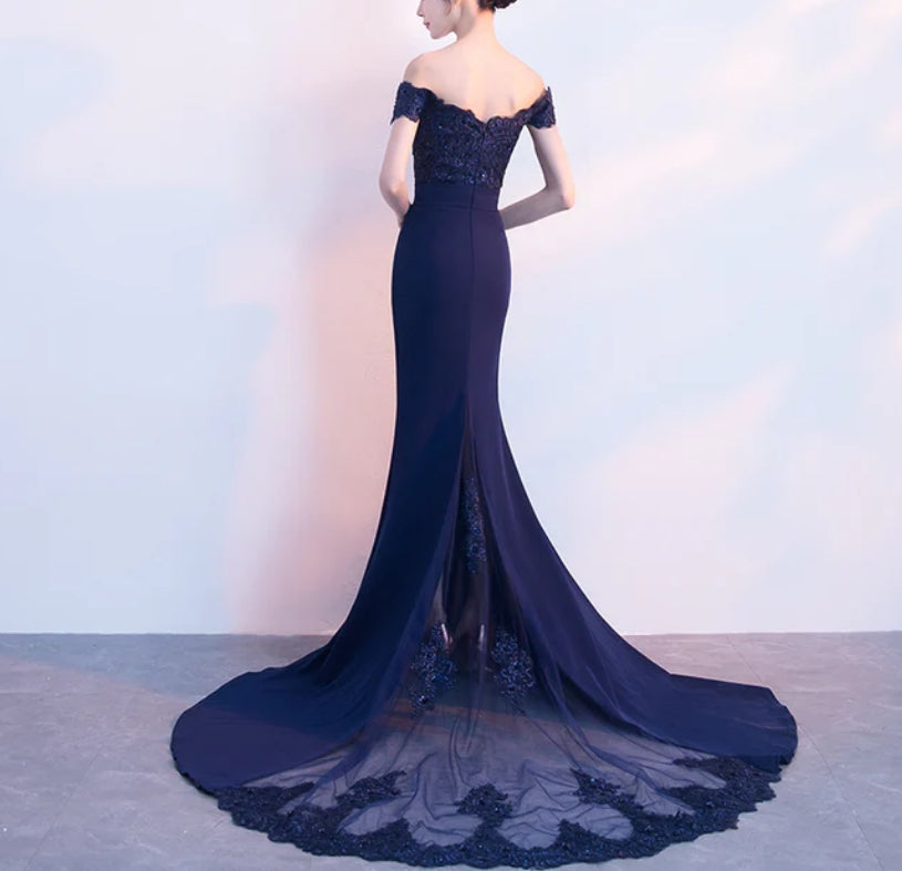 Beautiful Navy Blue Mermaid Lace Long Party Dress Off Shoulder Evening Dress with Appliques