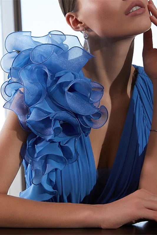 Blue A Line Chiffon Wedding Party Dress V Neck Evening Dress With Flower Elegant Wholesale