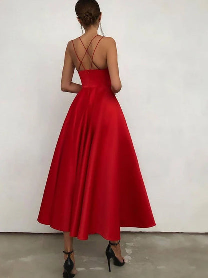 Simple Spaghetti Straps Satin A-line Prom Dresses Evening Gowns Sexy Party Dress Formal Dress Wholesale
