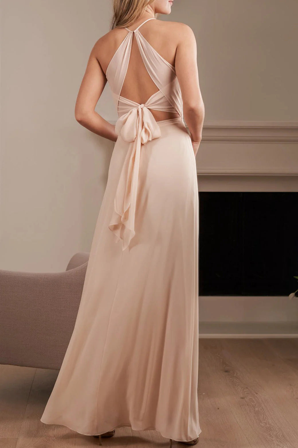 Wholesale Pink Halter Bridesmaid Dress Lace Up Party Dress Elegant Evening Party Dress