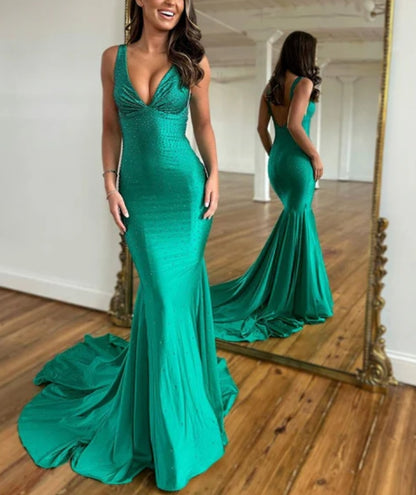 Aimishang Green V Neck Backless Beads Mermaid Long Prom Dress Sexy Evening Dress