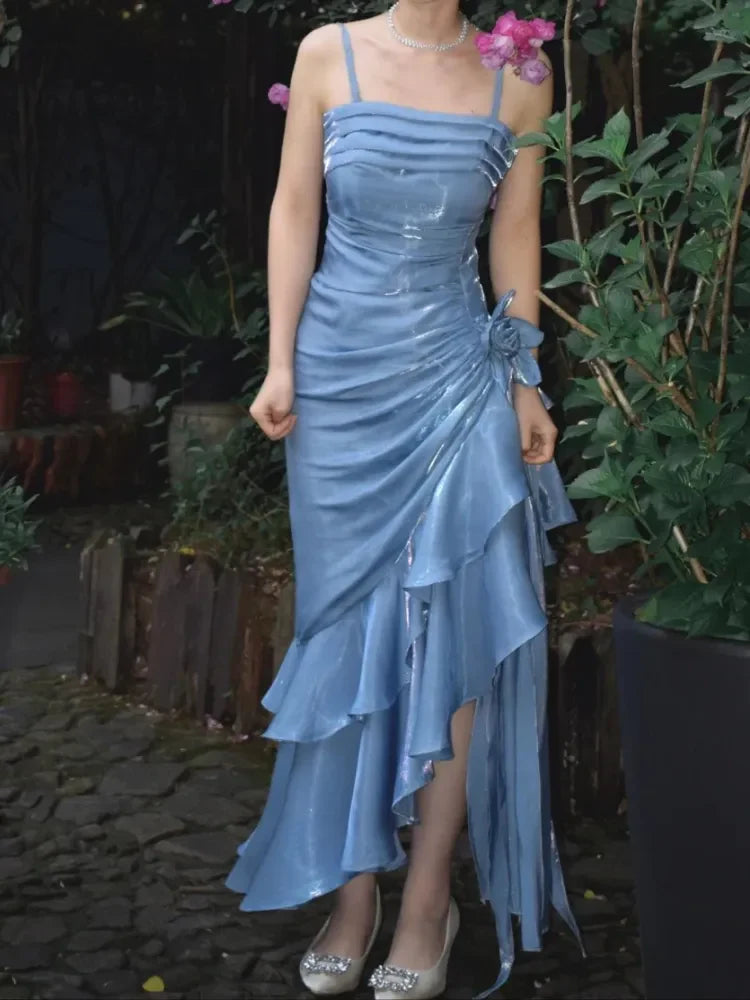 Aimishang Light Blue Straps Vintage Floral Asymmetrical Hem Long Prom Dress Evening Party Dress Wholesale