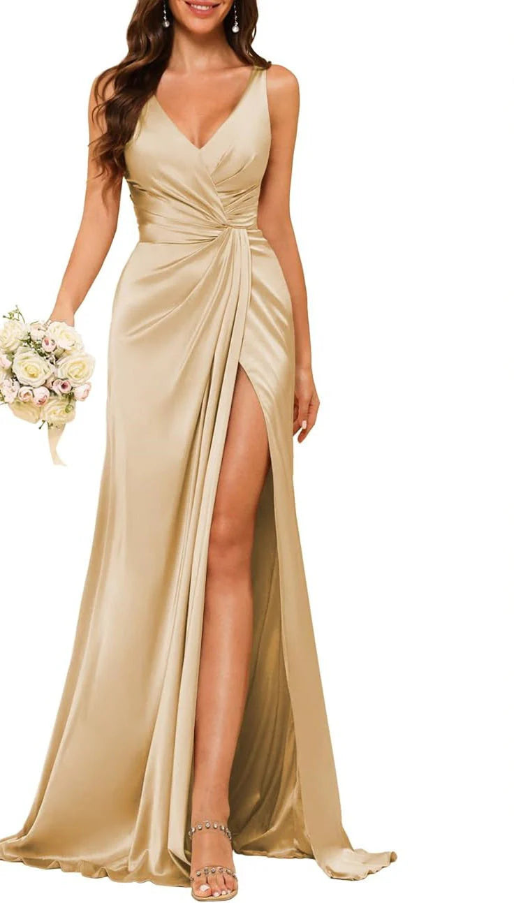 Wholesale Sheath/Column V Neck Bridesmaid Dress With Slit Elegant Evening Party Dress