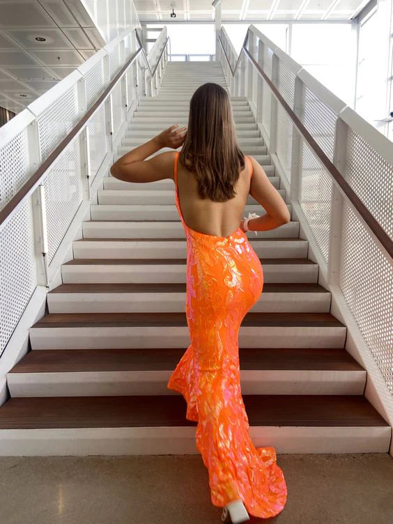 Aimishang Orange V-neck Mermaid backless Long Prom Dress Charming Evening Party Dress