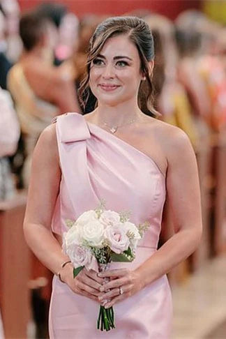 Aimishang Bow One Shoulder Light Blue Satin Long Bridesmaid Dress Elegant Evening Party Dress