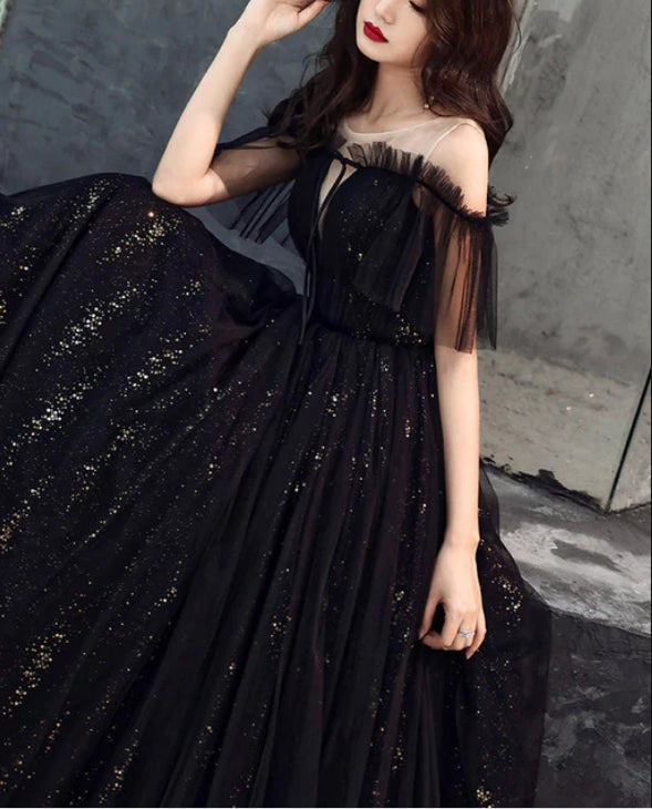 Black Off Shoulder Tulle Party Dress A-line Formal Dress Prom Dress Elegant Evening Dress