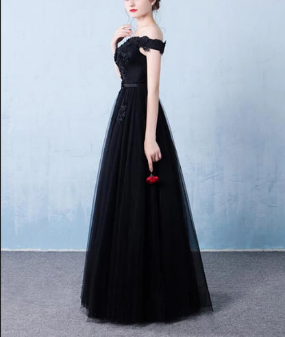 Black Off the Shoulder Tulle A-line Prom Dress New Formal Gown Elegant Evening Dress Wholesale