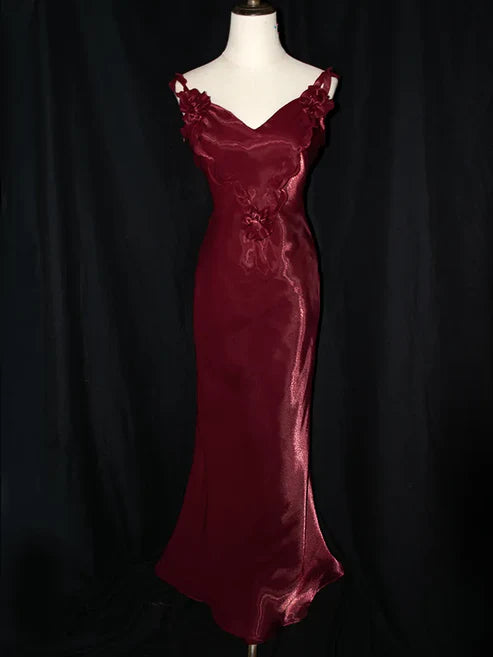 Aimishang Dark Red Vintage Floral V-neck Evening Gown Mermaid Long Party Dress With Flowers Wholesale
