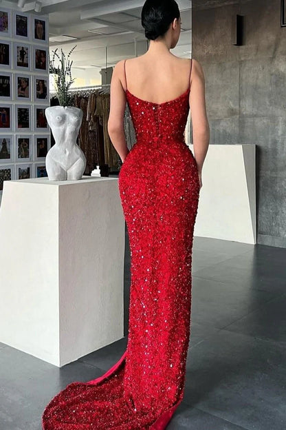 Red Spaghetti Straps Mermaid Evening Dress With Split Sequins Sparkly Party Dress