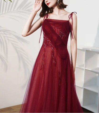 Wine Red Scoop Beaded A-line Long Junior Prom Dress Lace-up Party Dress Elegant Evening Dress