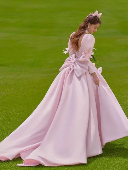 Aimishang Dress Wholesale A line Long Sleeves Pink Satin Long Prom Dress Elegant Evening Party Dress No With Accessories